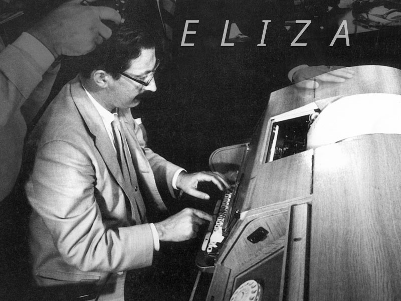 Joseph Weizenbaum at MIT operating ELIZA, 1965 — black and white photograph.